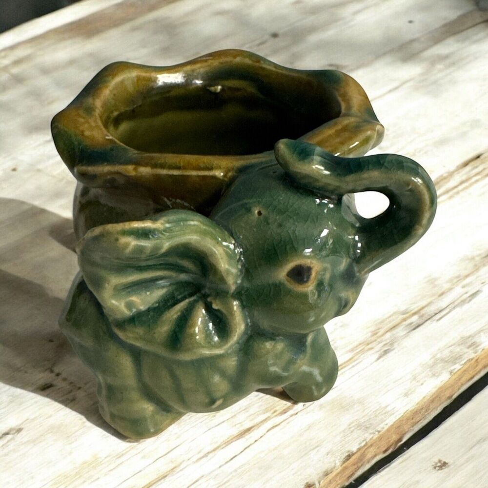 Vintage Majolica Baby Elephant Planter Trunk Up Good Luck Bamboo Green Brown